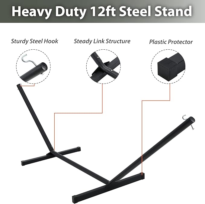 Two Person Hammock with Stand for Outside Heavy Duty, Outdoor Patio Hammock with Portable Steel Stand, Large Double Hammocks,480lbs Capacity.(Grey Stripes)