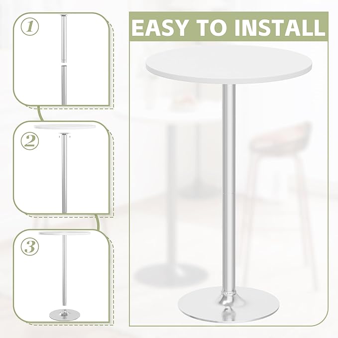 Flamaker Round Bistro Pub Table Modern Style Metal Base MDF Top Cocktail Bar Table Counter Bar Height for Pub, Dining Room, Party (2, White-Silver)