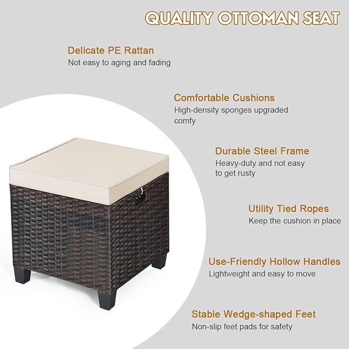 Tangkula 2 Pieces Outdoor Patio Ottoman, All Weather Rattan Wicker Ottoman Seat, Patio Rattan Furniture, Outdoor Footstool Footrest Seat w/Removable Cushions