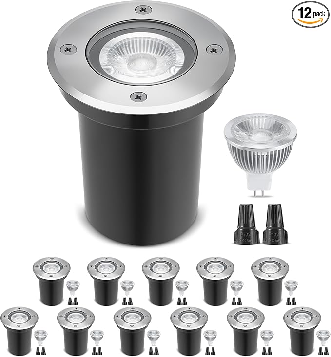 Gardencoin Low Voltage Landscape LED Well Lights, 12V in Ground Lights Outdoor IP67 Waterproof, 4.3 inch Wired Landscape Up Lighting, Included Replaceable 5W 2700K MR16 Bulb Dimmable, 12 Pack