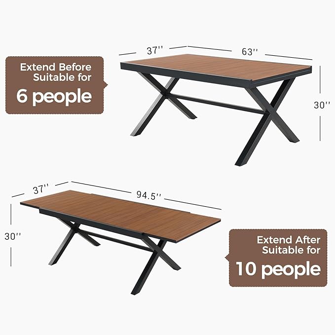 Grand patio 9-Piece Outdoor Dining Set, 8 Leather-Look Wicker Blue Swivel Patio Chairs & 1 Extendable Rectangular Dining Table, Brown