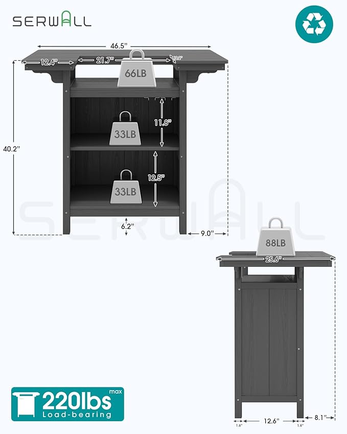 SERWALL Outdoor Bar Table,Patio Bar Cabinet with 4-Tier Storage and Spacious Tabletop for Outside,Poolside, Backyard,Made of HDPE,Gray