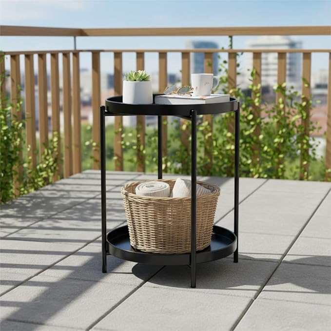 danpinera 2-Tier Round Side Table, Metal End Table with Removable Tray, Small Outdoor Table Accent Table, Anti-Rust Black Nightstand for Bedroom Balcony Patio (Black)