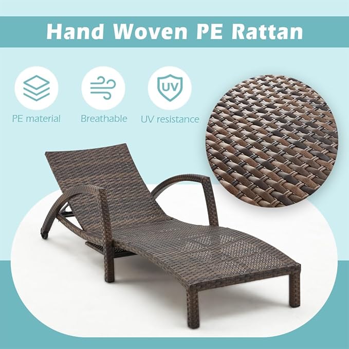 Chaise Lounge Chairs Outdoor Set of 6, Comfy Outside Wicker Patio Pool Lounge Chair w/ 5 Adjustable Back Angle, Cup Holder, Thicken Cushion