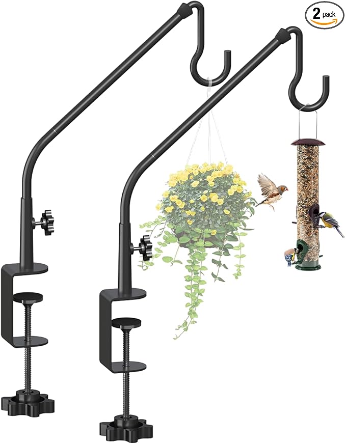 20 Inch Extended Reach Deck Hook Hanger for Railing, Heavy Duty Outdoor Plant Hook Holder for Hanging Bird Feeder Pole Deck Hanger Flower Basket Planter or Lanterns, Wind Chimes, 2 Pack
