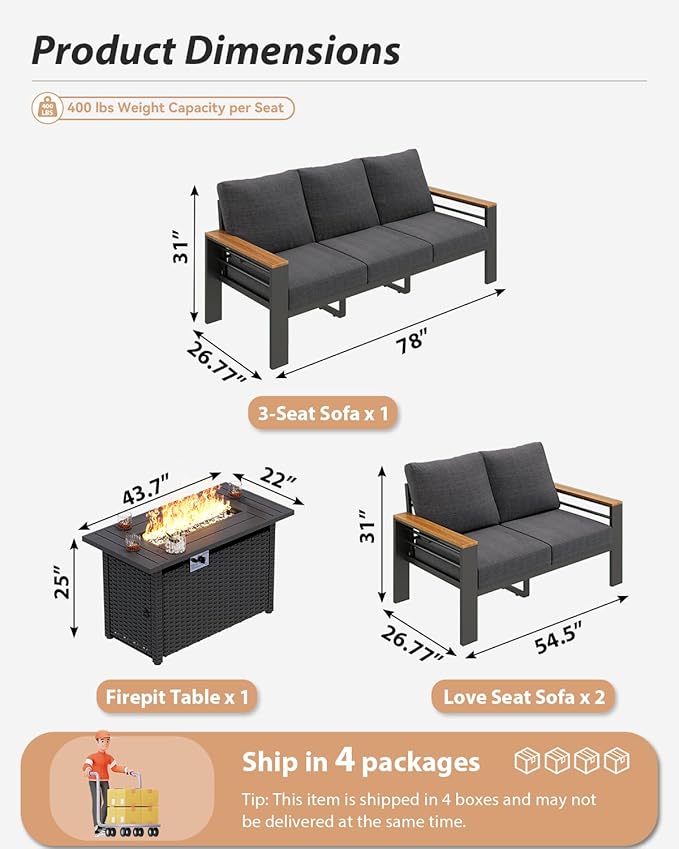 Aoxun Aluminum Outdoor Patio Furniture Set, 7 Seats Outdoor Sectional with Fire Pit Table, Patio Conversation Sets with Upgraded Armrests and Cushions for Backyard, Garden and Poolside（Dark Grey）