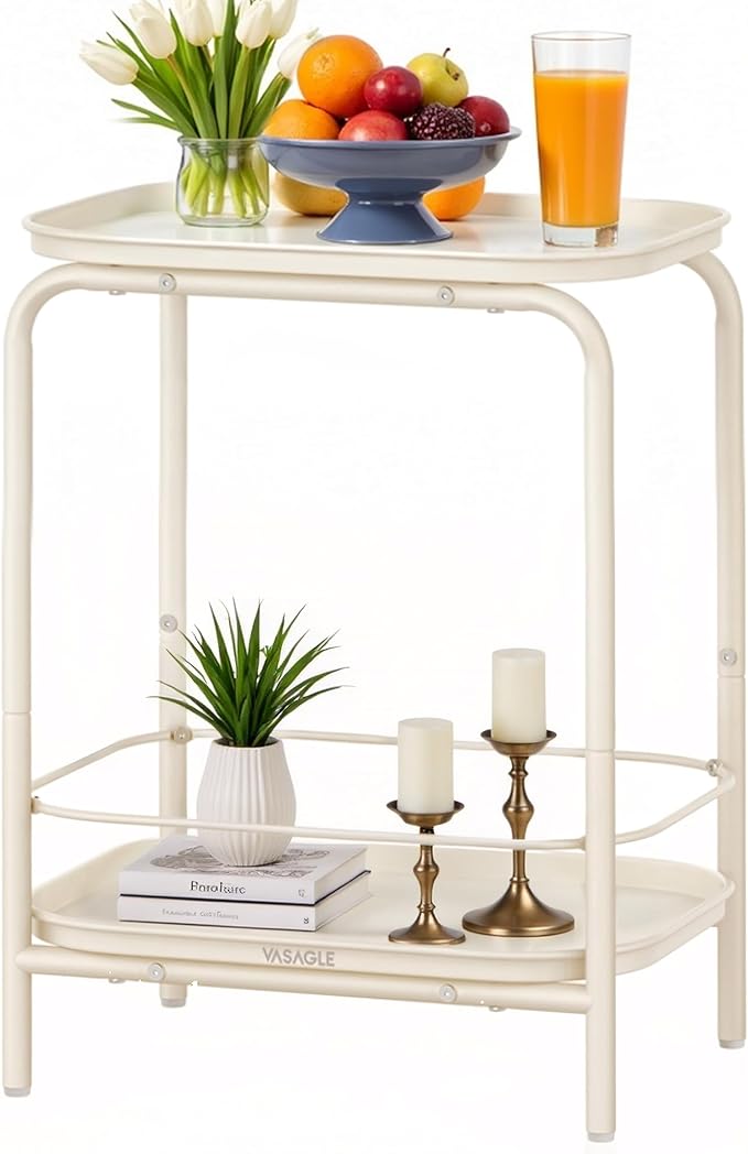 VASAGLE 2-Tier Outdoor Table, Small Side End Table with Tray Storage, Bedside Nightstand for Living Room, Bedroom, Modern Style, Cream White ULET243W01