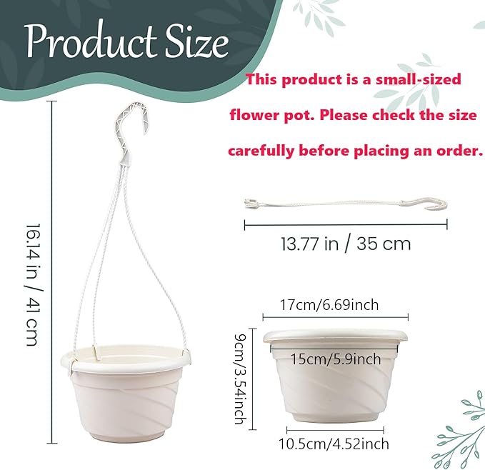 VIDELLY 4 Pieces Plastic Hanging Planters, 5.9 in Dia x 3.54 in H, Flower Plant Basket Pots Chain Holder Garden Decoration for Indoor and Outdoor Use, Beige White & Red