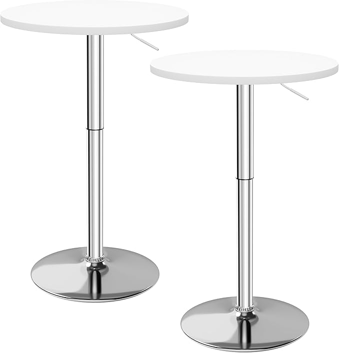Flamaker Round Bistro Pub Table 23.6 Inch Height Adjustable 360° Swivel Bar Table Metal Base for Pub, Dining Room, Party (2, White-Silver)