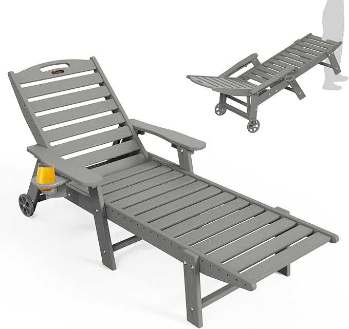 Ciokea Lounge Chair Outdoor, Oversized Chaise Lounge Chair with 5 Positions, HDPE, Patio Lounge Chair with Wheels & Cup Holder for Pool, Deck, Poolside, Grey