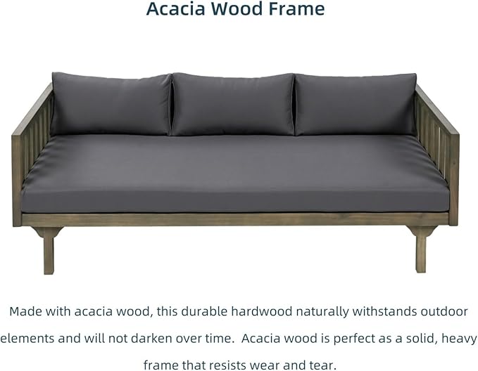 Merax Solid Acacia Wood Couch Chaise Lounge Chair Indoor, 3 Seater Daybed Sofa Couches with Cushions & Pillow, Heavy Frame Day Bed for Living Room, Office, Outdoor, Balcony, Patio, Water Resistant