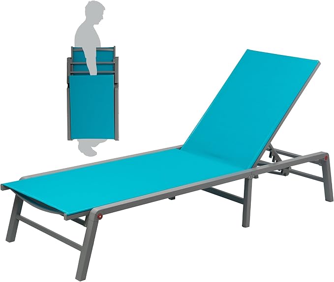 Kozyard 2-Pack Outdoor Lounge Chairs, Foldable Aluminum Frame Patio Chaise Lounge with 5-Position Adjustable Backrest, No Assembly, Breathable Textilene Fabric for Poolside Beach (Aqua, No Table)