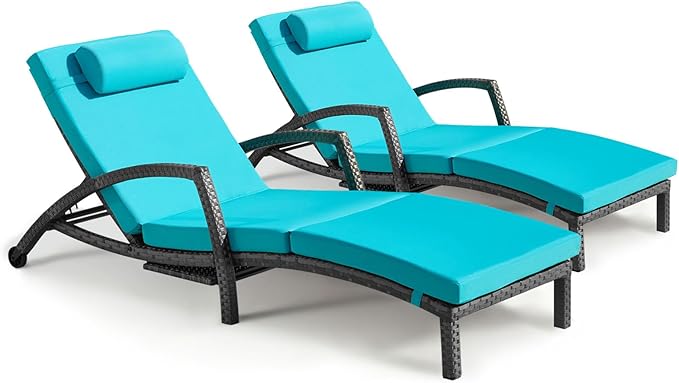 Chaise Lounge Chairs Outdoor Comfy Outside Wicker Patio Pool Lounge Chair w/ 5 Adjustable Back Angle Cup Holder Thicken Cushion
