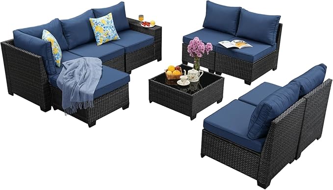 Jing's Villa 9-Piece Patio Furniture Set, All-Weather Outdoor Wicker Sectional Sofa with Cushions, Tempered Glass Table & Ottoman, Rattan Conversation Seating for Porch, Garden, Backyard,Navy
