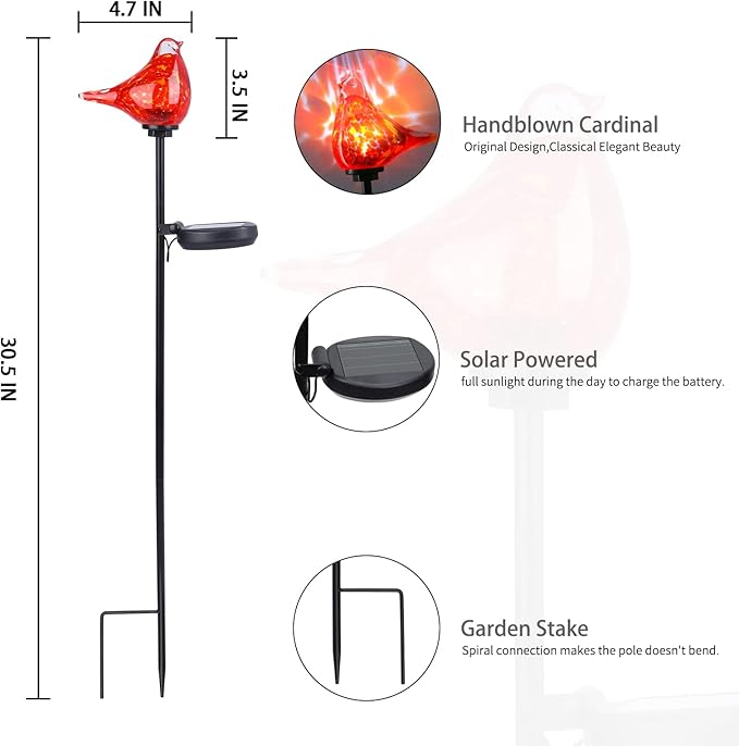 Bshine Solar Garden Decoration Outdoor Cardinal Lights, Hand Blown Glass Waterproof Solar Light Stake Red Cardinal Decorate Paths, Pathways, Lawns and Yards Art for Mom Gift, 2 Pack