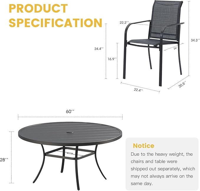 VICLLAX Large Patio Dining Furniture Set, Outdoor Dining Set for 10-60" Round Outdoor Table and Patio Stackable Chairs, Grey Tabletop and Dark Grey Fabric
