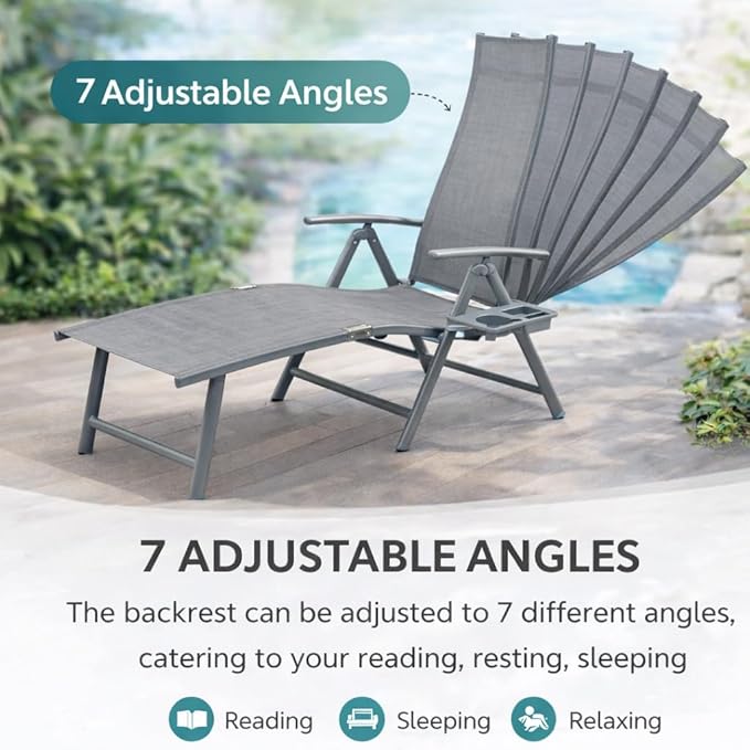 Kozyard Aluminum Outdoor Chaise Lounge Chair, Adjustable Reclining Patio Lounge with Drink Holder, Weather-Resistant Pool, Deck & Yard Recliner,Assemble-Free, Gray