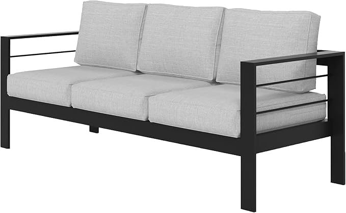 Wisteria Lane Patio Furniture Aluminum Sofa, All-Weather Outdoor 3 Seats Couch, Black Metal Chair with Light Grey Cushions