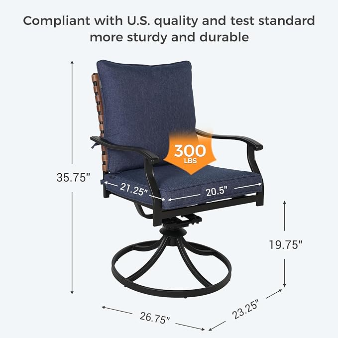 Grand patio 7-Piece Outdoor Dining Set, 6 Leather-Look Wicker Swivel Patio Chairs & 1 Straight Legs Rectangular Dining Table, Blue