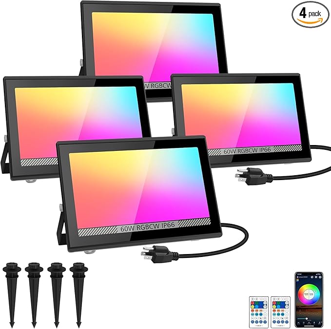 T-SUN Christmas Led Flood Light 60W, Outdoor Waterproof Color Changing Uplight for Stage Landscape Party, RGBW Dimmable Smart Floodlights 16 Million Colors&Timing& Music Sync, US Plug (4 Pack)