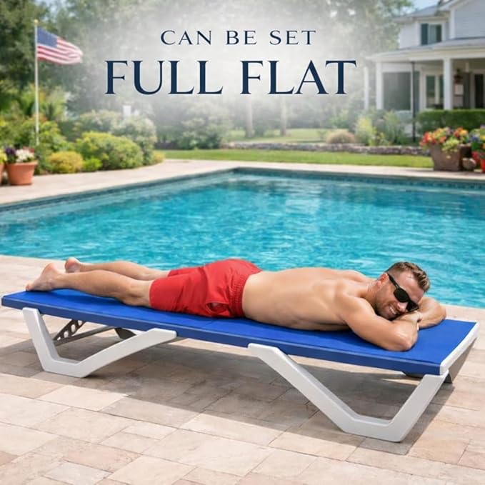 Kozyard Outdoor Chaise Lounge Chair, Full Flat Adjustable Patio Lounger with Aluminum Frame & Resin Legs, Textilene Fabric for Poolside, Backyard & Beach (Blue, Chair with Table)