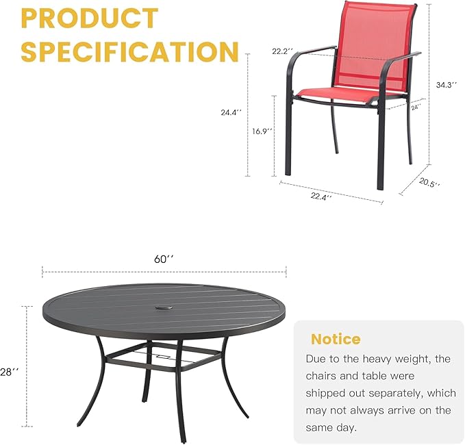 VICLLAX Large Patio Dining Furniture Set, Outdoor Dining Set for 10-60" Round Outdoor Table and Patio Stackable Chairs, Black Tabletop and Red Fabric