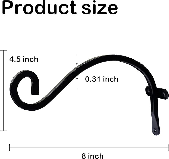Hourleey 2 Pack Plant Hanger Outdoor, 8 Inch Heavy-Duty Hanging Plant Hook for Outside Basket, Black Metal Wall Mount Plant Bracket Hook for Flower Baskets Bird Feeder