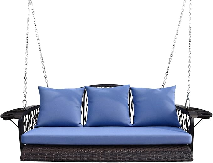 Wicker Porch Swing Heavy Duty 900 LBS 3-Seat Outdoor Patio Swing Chair with Cushions & 8.9ft Chains Outdoor Hanging Bench with Upgraded Cup Holders for Garden Deck Backyard