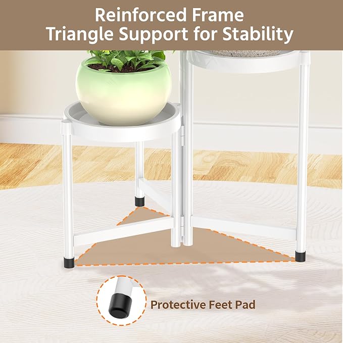 LASZOLA 3 Tiered Folding Plant Stand Indoor for Multiple Large Planter, Tall Heavy Duty Adjustable Rack with Rust Proof Plastic Shelving, Sturdy Vertical Tree Organizer for Narrow Inside Floor, White