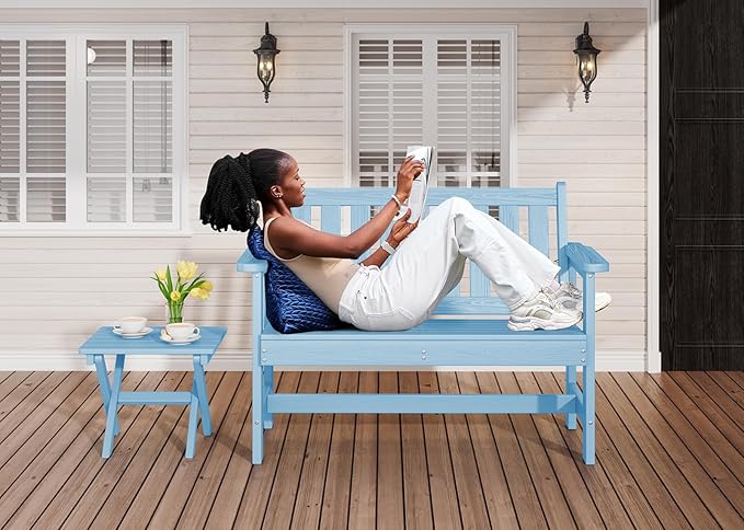 SERWALL Outdoor Bench, HDPE Outdoor Benches Weatherproof, 2-Person Garden Bench with 660 lbs Weight Capacity, Patio Benches for Outdoors, Garden, Porch, Backyard and Park, Light Blue, 2 Pack
