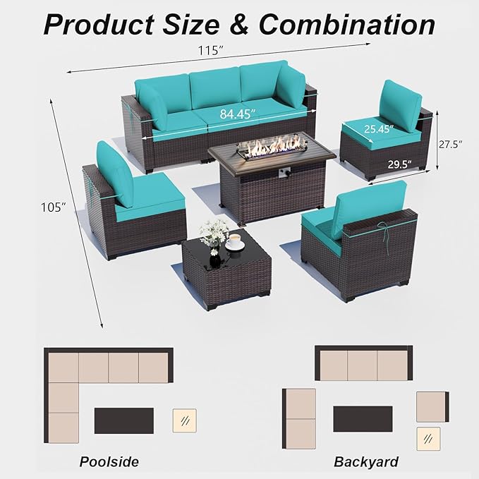 ALAULM Patio Furniture Set with Fire Pit Table 55000 BTU, Outdoor Sectional with Wide Seat and Thick Cushion, 8 Piece Wicker Rattan Conversation Set with Coffee Table for Garden, Deck, Turquoise