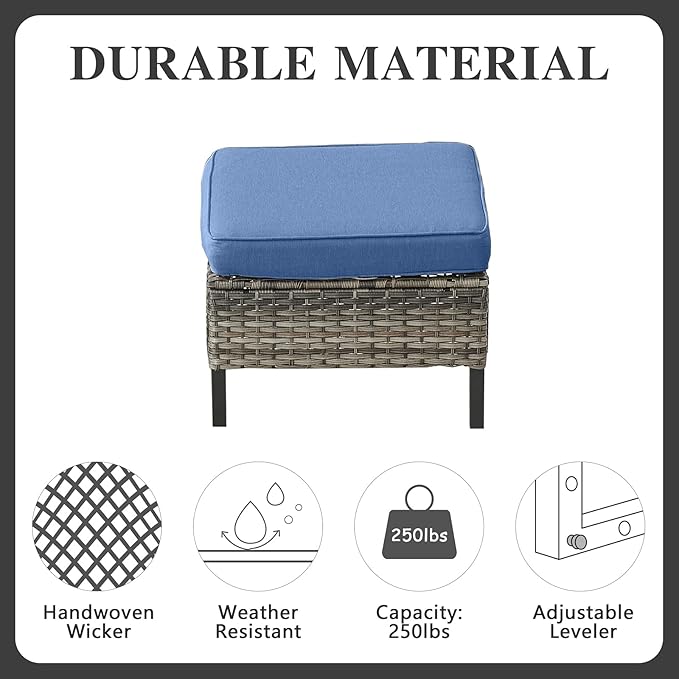 Belord Wicker Patio Furniture 5 Piece Outdoor Sofa Set, Oversize Outdoor Dining Chairs with Rattan Ottomans, Conversation Sets Patio Furniture Come with Removable Washable Cushion Blue