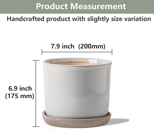 8 Inch Plant Pot: Ceramic Planter with Drainage Hole & Saucer for Indoor Outdoor Plants - Flowerpot with Bonded Tray for Home Office - Retro Style, Grey