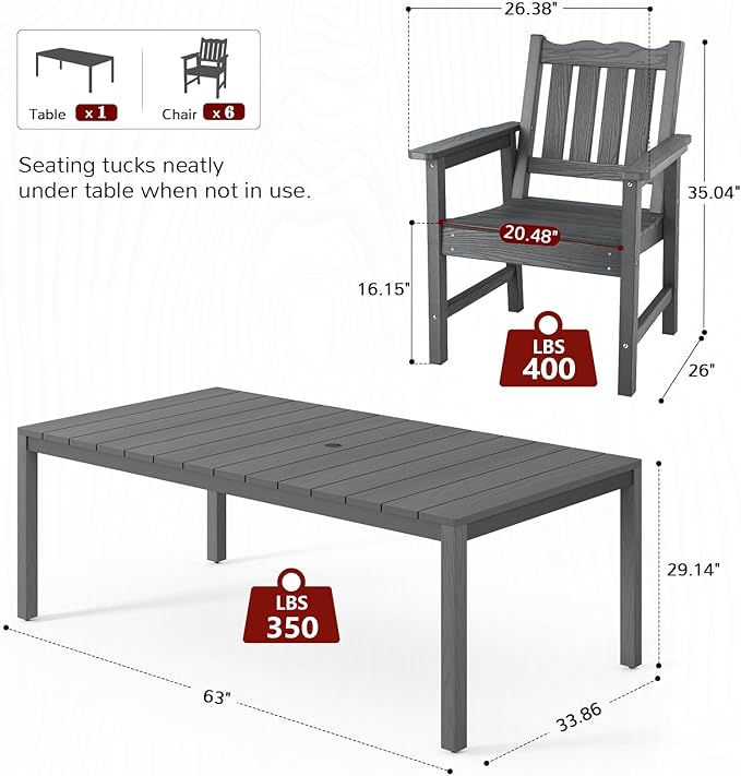 Stoog All-Weather Patio Dining Sets, 7 Pieces Patio Dining Table with Umbrella Hole, Waterproof Aluminum Frame Dining Table with 6 Outdoor Chairs Set, Low Maintenance, Grey