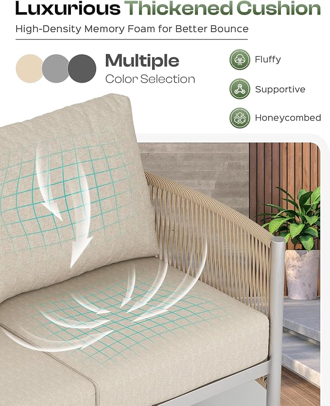Aluminum Outdoor Patio Furniture Set with Dual-Layer Coffee Table, 4 Piece Modern Patio Conversation Sets with PE Rope, Outdoor Sectional Sofa with Thick Cushions for Balcony, Deck, Beige