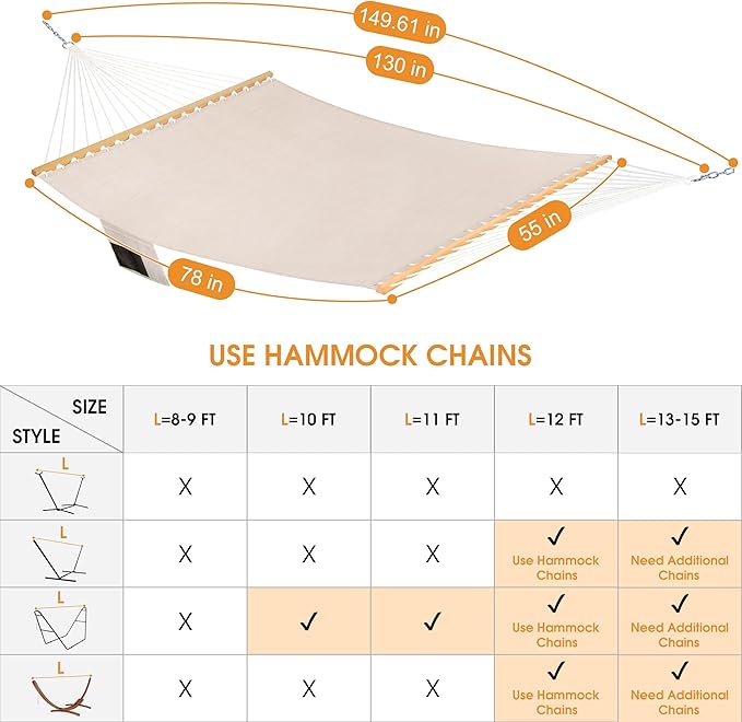 Lazy Daze Hammocks 11 FT Double Outside Hammock Quick Dry Olefin Fabric Hammock with Spreader Bar & Side Pocket for Outdoor Poolside Backyard 450 lbs Capacity, Beige