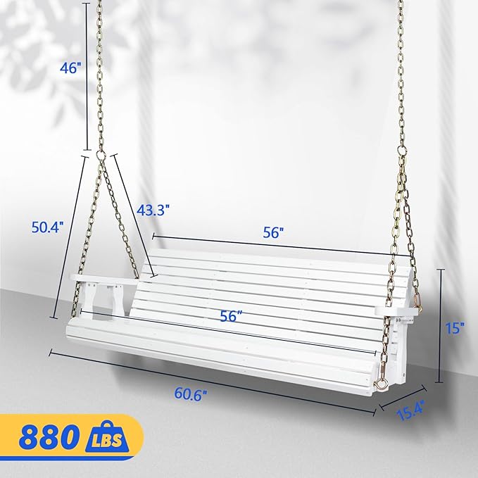 VINGLI Upgraded Patio Wooden Porch Swing for Courtyard & Garden, Heavy Duty 880 LBS Swing Chair Bench with Hanging Chains for Outdoors (5 FT, White)