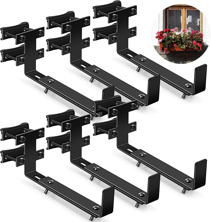 6 Pcs Window Box Brackets Adjustable Planter Box Brackets Heavy Duty Deck Railing Planter Flower Holder for Railing Patio Garden Fence Balcony Outdoor
