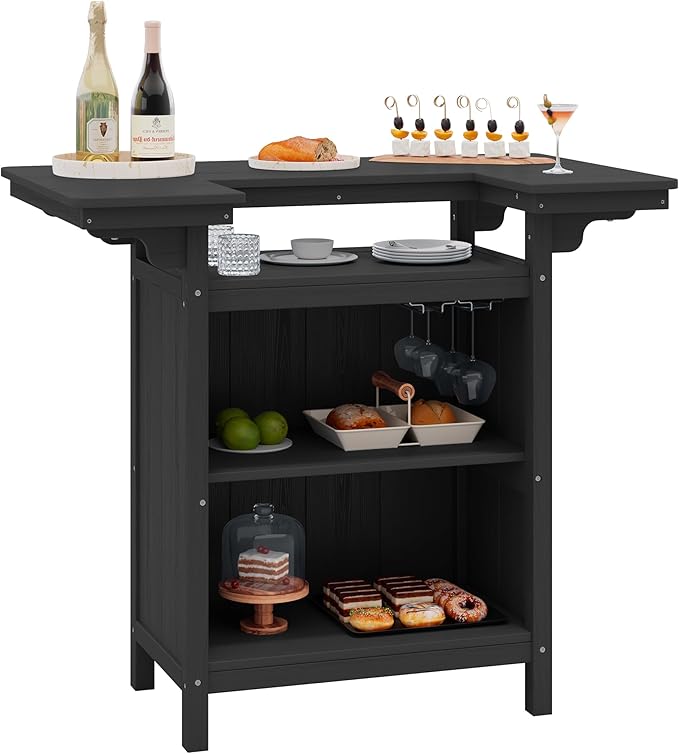 SERWALL Outdoor Bar Table,Patio Bar Cabinet with 4-Tier Storage and Spacious Tabletop for Outside,Poolside, Backyard,Made of HDPE,Black