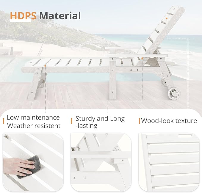 LUE BONA Outdoor Chaise Lounge Chairs Set of 2, HDPS Chaise Lounger, 5 Positions Adjustable Lounge Chairs, Pool Lounge Chair with Wheels for Poolside, 3 Year Warranty, White