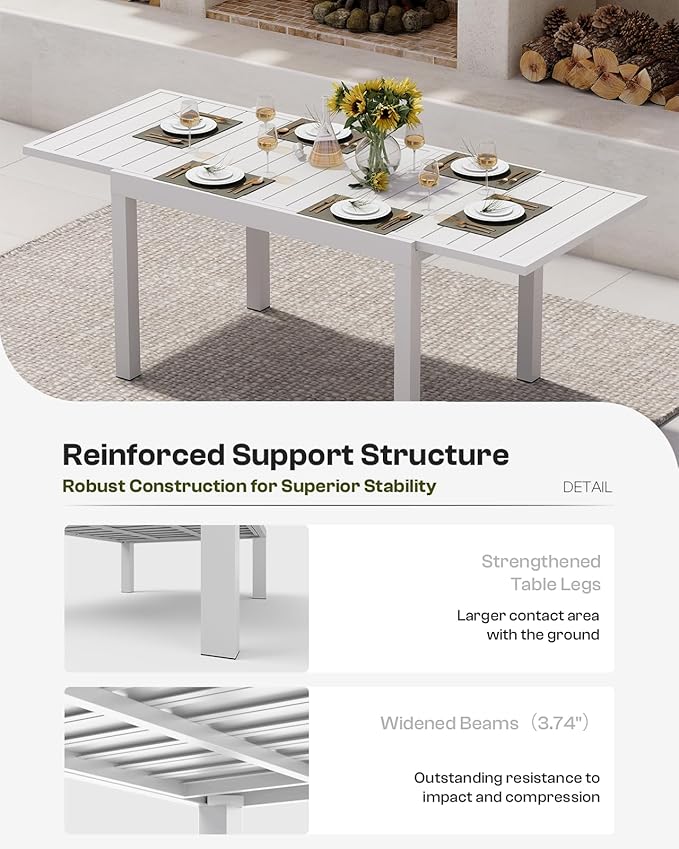 All-Aluminum Expandable Outdoor Patio Dining Table for 4-8 Person, All-Weather Rectangular Outdoor Table(48"-79") with Smooth Cilde Rails & Secure Locking Handle for Garden, Indoor, White