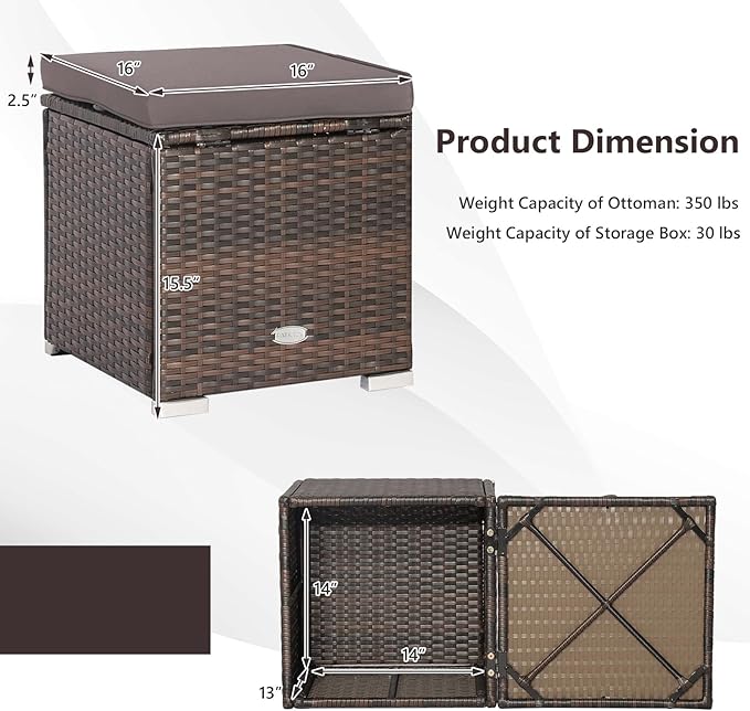 Tangkula 2 Pieces Patio Ottomans, Patiojoy Hand-Woven PE Rattan Side Table with Removable Cushion & Hidden Storage Space, Multifunctional Storage Box, Seats for Patio, Backyard, Poolside (Grey)