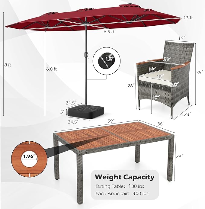 Tangkula 9 Piece Rattan Outdoor Dining Set with 13Ft Umbrella for 6, Outdoor Wicker Table Set with 6 Cushioned Armchairs, Acacia Wood Top, Outdoor Umbrella & with Base Included