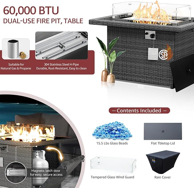 NICESOUL 9 Piece Large Patio Furniture Set with Fire Pit Table Propane/Natural Gas, 29.3'' High Back Wicker Outdoor Sectional Sofas, Wide Conversations for Heavy Weight, 2 Color Cushions Wine & Gray