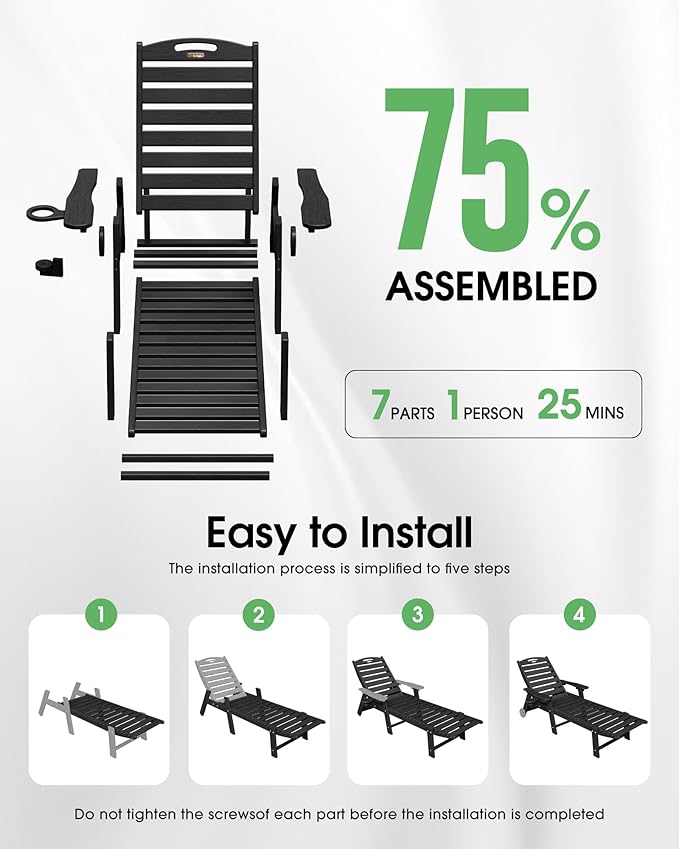 Chaise Lounge Outdoor, Lounge Chair Outdoor with Wood Texture, Adjustable 5-Position Backrest, HDPE Lounge Chair with Wheels & Cup Holder for Pool Deck Backyard, Black