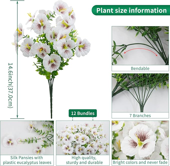 12 Bundles Artificial Pansy Flowers for Outdoor, Faux Silk Pansies Spring Flowers Outside for Planter Front Door Porch Patio Yard Window Box Home Decor (White)