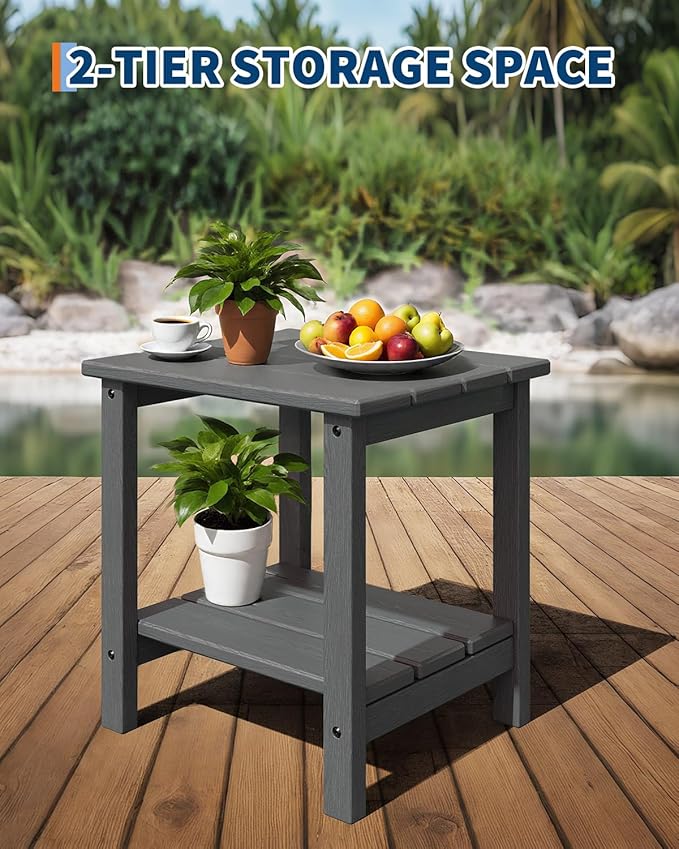 GarveeLife Outdoor Side Table 2-Tier, 18 in HDPE All Weather Resistant Patio Side Tables for Outside, End Table for Patio Pool Deck Indoor Backyard, Grey-2Pcs