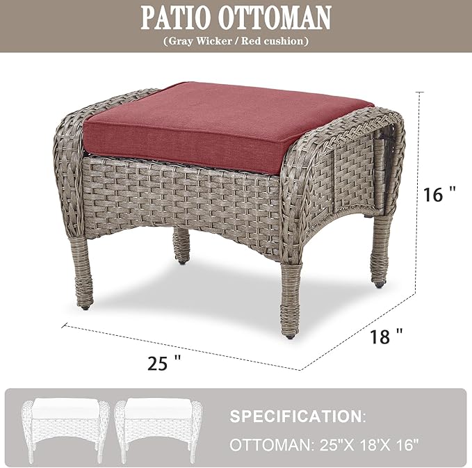 Belord Outdoor Ottomans for Patio Foot Rest - 25 Inch PE Wicker Foot Stool Set of 2 with Removable Cushions for Patio Furniture Sets,All Weather Rattan Ottoman for Balcony Deck Backyard Brown