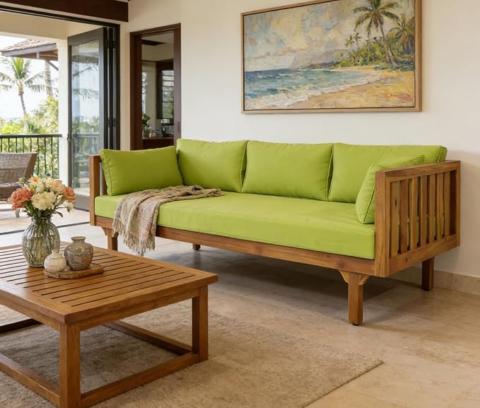 Merax Solid Acacia Wood Couch Chaise Lounge Chair Indoor, 3 Seater Daybed Sofa Couches with Cushions & Pillow, Heavy Frame Day Bed for Living Room, Office, Outdoor, Balcony, Patio, Water Resistant