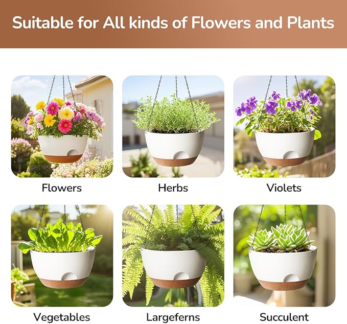 Hanging Planter, 12 Inch Self-Watering Hanging Planters for Indoor Outdoor Plants, Hanging Basket for Plants Flowers Outdoor (White)
